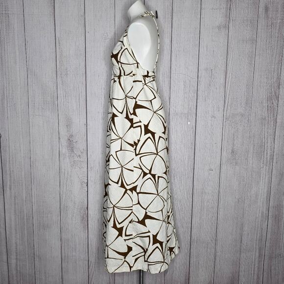VTG Handmade Brown/White Abstract Floral Open Back Maxi Halter Dress, sz Small - Picture 3 of 7